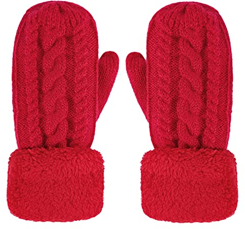 JIAHG Super Dicke gestrickt Handschuhe Damen Mädchen Fäustlinge Winterhandschuhe Fausthandschuhe Sporthandschuhe (Rot)