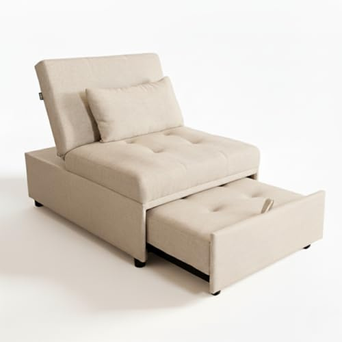 MAKA Poltrona Letto Singolo con Materasso Alto – Pouf Letto Singolo Trasformabile, Divano Letto 1 Posto Reclinabile con Cuscino Sfoderabile, Poltrona-Letto Pieghevole Salvaspazio 191x79x90 cm (Cachi)