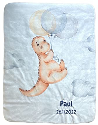 Wolimbo Duo Babydecke mit Namen - Motiv Dino mit Ballons - Lammfell Optik - 75x100cm
