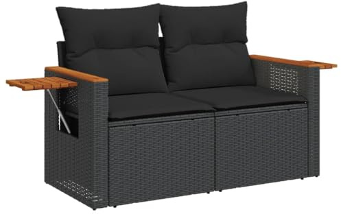 vidaXL Gartensofa mit Kissen 2-Sitzer, Sofa für Garten Terrasse, Terrassensofa mit abnehmbarem waschbarem Bezug, Gartenmöbel Terrassenmöbel, Schwarz Poly Rattan