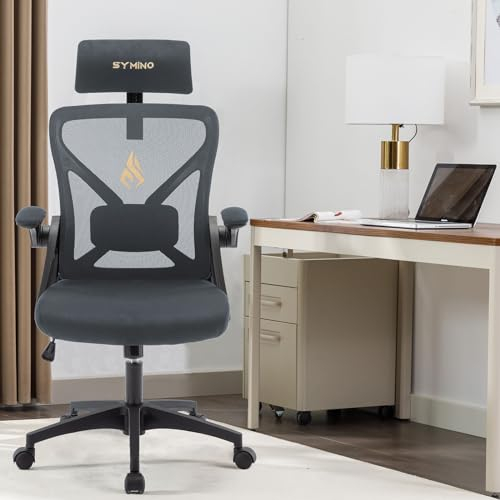 Symino Bürostuhl Ergonomisch, Schreibtischstuhl mit Verstellbarer Kopfstütze, Armlehnen, Lordosenstütze, drehbare Wippfunktion, Netzstuhl, Bürostuhl 150kg, Grau