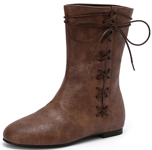 Cozivwaiy Women Vintage Flats Short Boots Lace up Comfortable Round Toe Pirate Boot Costume Medieval Renaissance Flat Victorian Boots Brown 9.5
