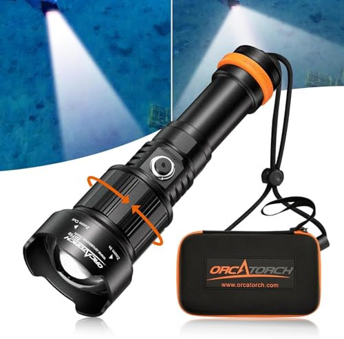 ORCATORCH ZD710MK2 Tauchlampe LED mit Zoom, 1500 Lumen Taucherlampe mit 4 Modi 2-in-1 Spot und Flutlicht, IP68 Wasserdichte Unterwasser Taschenlampe mit Akku für Unterwasser 150M Tauchen, Camping