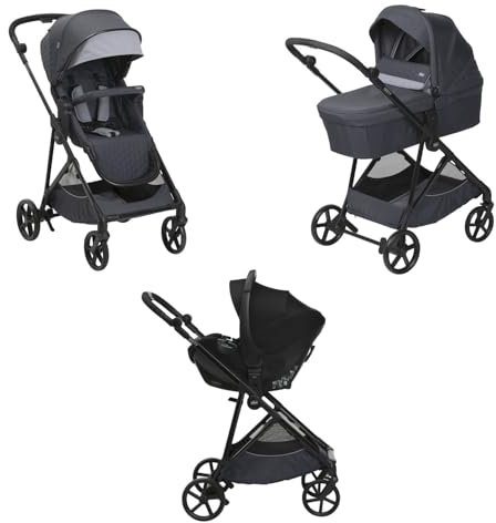 Chicco Trio Seety, Comprende Passeggino con Telaio Leggero, Navicella Ampia e Imbottita e Seggiolino Auto Kory Essential I-Size, Seduta Reversibile, Sistema Modulare Leggero e Compatto, 0M-4A, Grigio