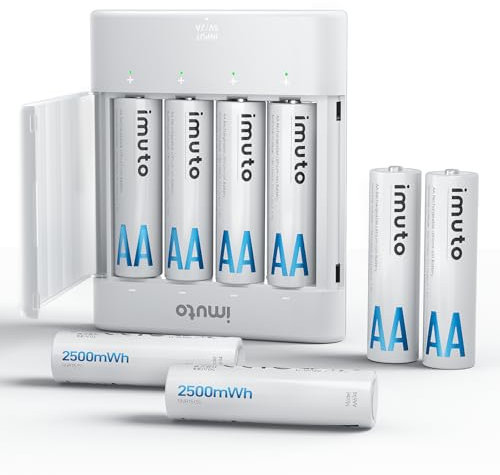 imuto Pilas Recargables AA de Litio (Paquete de 8) con Cargador, 2500 mWh Alta Capacidad Salida de Voltaje Constante de 1,5 V batería de Iones de Litio Doble A, más de 1600 ciclos, Baja autodescarga