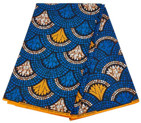 MAYJOYDIY 5.9m Blue Polyester African Fabric 1.1m African Ankara Print Fabrics Fan Pattern African Wax Prints Fabric for Dresses Shirts Trousers Bags Curtains Tablecloths
