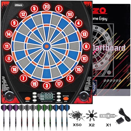 Electronic Dartboard, Dual Speakers with Automatic Voice Announcing Score, High Definition LCD Display, Includes 12Soft Tip Darts, Suitable for Family Gatherings Bar Entertainment(Blue-Red,with lamp)