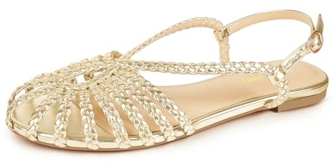PIZZ ANNU Women's Sophia Braided Flat Sandals Comfortable Memory Foam Walking Shoes Summer Gladiator Slingback Ankle Strap Strappy Sandals, Gold 8
