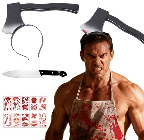 Betensh Traje de Carnicero Sangriento, Disfraz Carnaval Hombre Adulto, Diadema Cuchillo Carnaval, Cuchillo Disfraz, Disfraz Terror Adulto, Delantal Carnaval, Pegatinas de Cicatrices