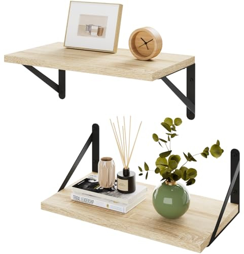 IBUYKE Estantes flotantes profundos para pared, juego de 2 estantes flotantes de 8 pulgadas de profundidad, estante de pared de madera de 16 pulgadas de ancho x 8 de profundidad, estantería flotante