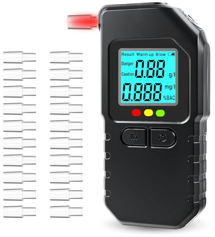 PlsMupn Alcoholimetro con Doble Sensor, Alcoholímetro Portátil, Test Alcoholemia con Pantalla LCD Digital, Medidor Alcohol Homologado Preciso para Uso Personal y Profesional con 20 Boquillas