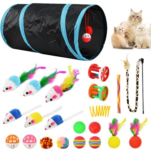 Vninkul 22 Piezas Juguetes Gatos con Túnel para Gatos,Juguetes para Paquete de Variedad para Gatitos,Juguete Interactivo Gato con Ratones, Varita de Plumas, Bolas y Campanas