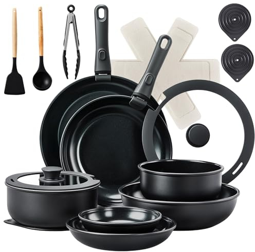 ROVSUN 23 Pcs Nonstick Pots and Pans Set, Cast Aluminum Kitchen Cookware Set with Detachable Handles, RV Kitchen Cooking Set and Utensils, Dishwasher Safe, PFAS PFOA & PFOS Free, Black