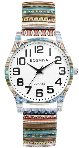 Oidea Stretch Band Watches for Women: Bohemian Stripe Print Elastic Strap Analog Quartz Wrist Watch Large Face Arabic Numerals Easy Reader Watches Casual Ladies Bracelet Watch