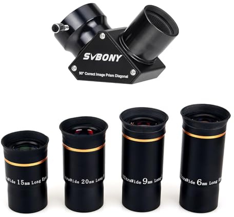 SVBONY SV222 90 Degree Diagonal Mirror, 1.25 Inch Telescope Diagonal with Anti Reflection Coating Metal Bundle with Telescope Eyepiece Set 66 Degree Ultra Wide Angle HD (6mm 9mm 15mm 20mm)