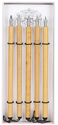 OEBUAFI Dip Pen Set, Vintage Bambu Kalligrafi Kit med 5 Spetsar för Konstnärer och Studenter (Platt spetssats)