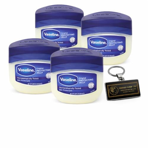 Vaseline Petroleum Jelly 100ml Pack of 4 Original Fragrance Free Skin Protectant Multipurpose Moisturiser for Dry Skin Lips Hands Feet and Hair Family Care Travel Size Value Set with Omoge Key Ring