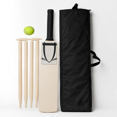 YORKSHIRE HOMEWARE Cricket Bat Gift Set | Wooden Cricket Bat Kit for Junior | Backyard Park Beach Indoor Outdoor Play Tennis Ball | Set With Stumps, Bails, Carrying Mesh Bag Practice Cricket Match