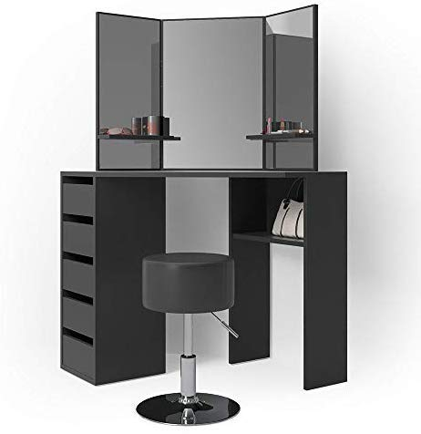 Vicco Frisiertisch für die Ecke Arielle, Kosmetiktisch mit Spiegel, Schwarz, 110 cm mit Hocker