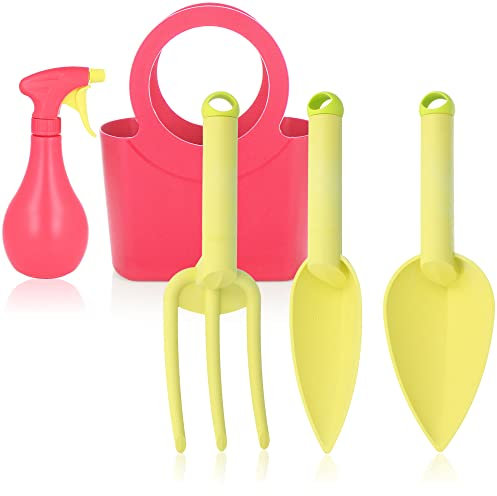 com-four® Gartenwerkzeug-Set – Gartenhelfer mit Sprühflasche und Tragetasche – Leichtes Pflanzwerkzeug für Junge Gärtner und ältere Naturfreunde – Handliche Gartengeräte (5-teilig pink)