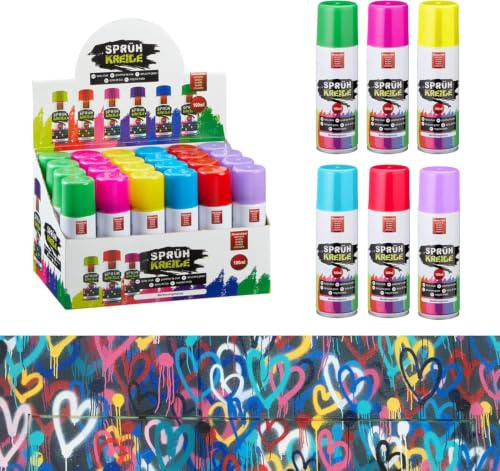 Sprüh-Kreidespray 6 Farben für Kinder & Party, 100ml (Bunt 24 Stück | 24 Dosen schaffen großen Vorrat für Gruppen, Veranstaltungen oder viele temporäre Kreide-Markierungen in sechs Farben.