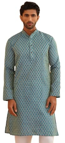 Sojanya (Since 1958 Men'S Jacquard Silk Peacock Blue Self Design Only Kurta, Size 38