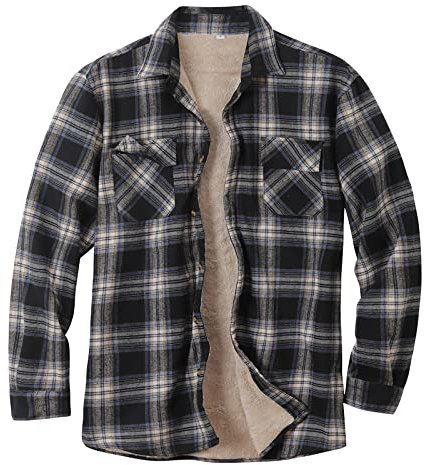 HULKAY Mens Long Sleeve Sherpa Fleece Flannel Shirts Button Down Berber Lined Shackets Warm Camp Shirts Plaid Jackets(Black,M)