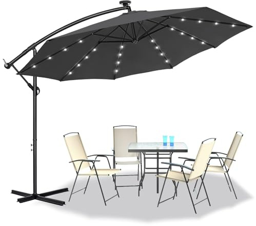 UISEBRT Utomhusparasoll i aluminium med vev, höjdjusterbar, deporterad parasoll, UV-skydd 40+, för trädgård, terrass, balkong (LED, 300 cm, mörkgrå)