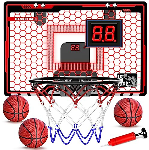 HopeRock Indoor Basketball Hoop for Kids, Over The Door Mini Basketball Hoops, with LED Light, Scoreboard, Birthday Toys Gifts for 5 6 7 8 9 10 11 12+ Year Old Boys