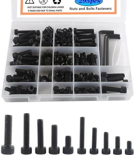 Rshuhx Surtido de tornillos M5, M6, M8, tornillos hexagonales, 295 unidades, acero al carbono, tornillos hexagonales negros y tuercas, juego de arandelas equipado con una llave hexagonal