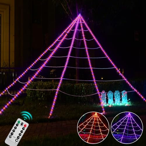 Maxee 315 LED Halloween Spinnennetz Lichter Deko, 5m Riesen Lichternetz mit 26m Lichterkette & Fernbedienung (8 Lichtmodi &Timer), Netz Lichter Dekoration für Garten Innen Außen (Lila + Orange)
