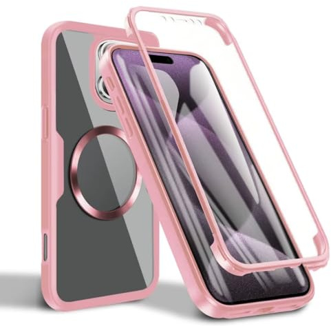JMstore Coque pour iphone 16, Housse avec Protecteur d'écran, Compatible avec MagSafe, 360 Degrés Double Protection Antichoc Coque Silicone Intégrale Etui,Antirayures Case -Pink