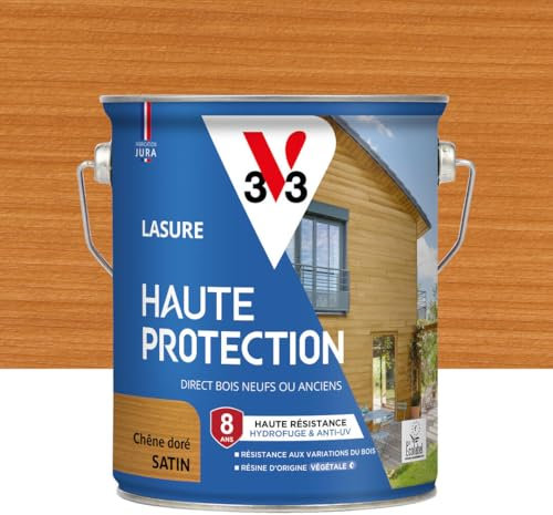 V33 Lasure Bois extérieur Chêne doré satin - Haute Protection 8 ans - Haute résistance hydrofuge et anti-UV - Résiste aux variations du bois - Ecolabel, résine d'origine végétale - 2,5L