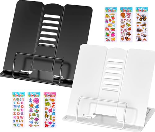 2 Piezas Atril para Libros metal, Atril Lectura de Metal con 6 ángulos Ajustables Estante Lectura de Metal Multifuncional Estantes de Lectura para Cocina, Escuela, Oficina (Negro+Blanco)