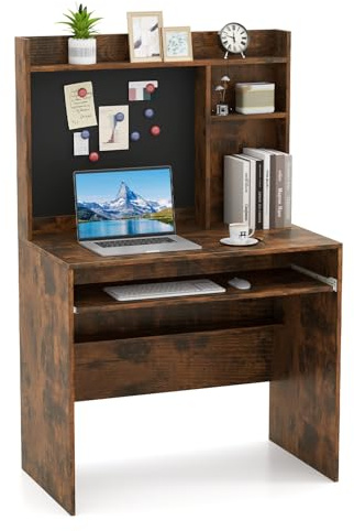 COSTWAY Computer Desk, Modern Writing Workstation PC Laptop Table with Hutch, Magnetic Bulletin Board, Keyboard Tray and Adjustable Shelf, Home Office Work Study Desk (Rustic Brown)