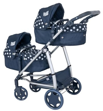 Dolly Tots Twin Pushchair | Navy Polka Dot Double Pushchair | Double Dolls Pram with Adjustable Height Handle And Multiple Seat Options | Foldable Childrens Dolls Pram | Suitable For Ages 3+