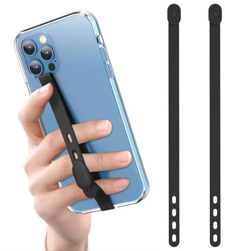 ZhaoCo Set med 2 elastiska silikonhandtag hållare för mobiltelefon, justerbar säkerhetstelefonrem för telefonfodral - svart