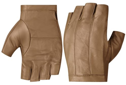Harssidanzar Guanti di guida per gli uomini, guanti di guida in pelle senza dita sfoderati KM049EU,Cammello,L