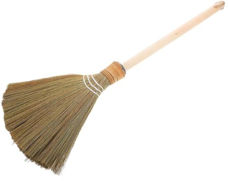 Handmade Miscanthus Broom Indoor - Traditional Soft Straw Sweeping Brush with Detachable Wooden Handle, Natural Grass Broomstick for Household Floor Dusting