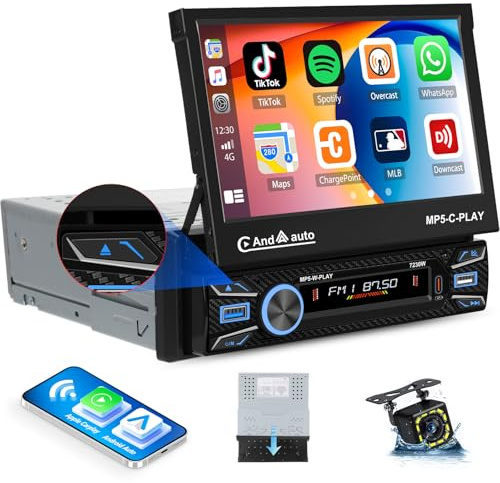 1 DIN con Inalámbrica Carplay & Android Auto Autorradio con Pantalla Extensible, Pantalla HD de 7 Pulgadas Bluetooth Ecualizador FM Mirror Link AUX USB SWC Tipo C Cámara de Visión Trasera