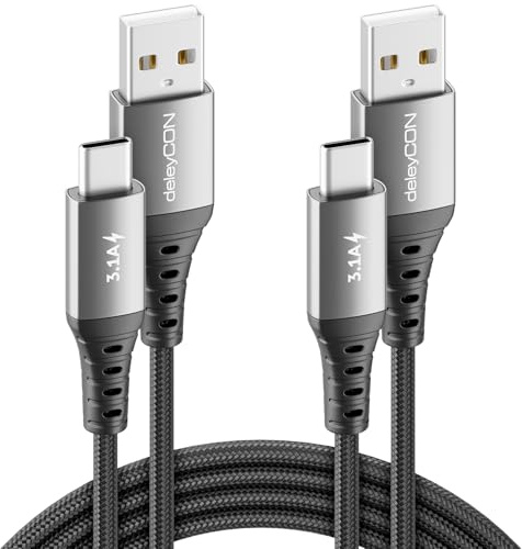 deleyCON 2x 2m USB-C-Kabel 3,1 A Laddkabel Datakabel USB-A till USB-C för iPhone 17 16 15 Pro Max Air Galaxy A16 A56 S25 S24 S23 Pixel iPad Pro AirPods Surfplatta Switch PS5
