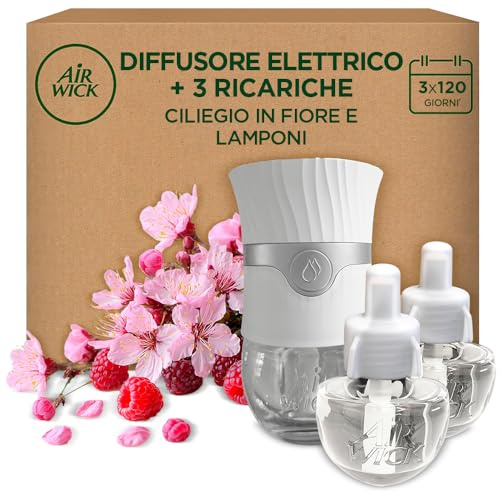 Air Wick Ambientador Eléctrico - Aparato + 3 recambios difusor Inteligente con tecnología Anti-Fading y Recambio con Aroma a Flor de Cerezo y Frambuesa, infusionado con 2 Veces más aceites Esenciales