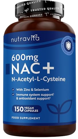 Nutravita NAC N-acetil-cisteina 600mg - 150 cápsulas veganas (5 meses) - Suplemento NAC + Zinc y Selenio - Alta Biodisponibilidad Acetilcisteina - Hecho en el Reino Unido