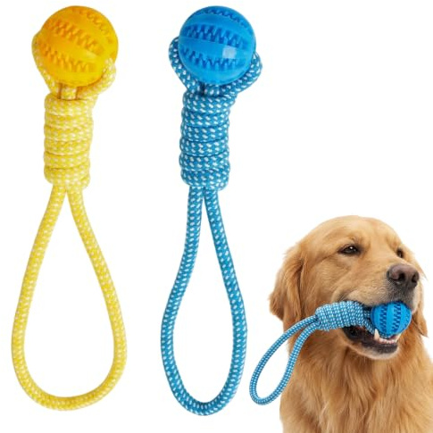 ZeBQrphio 2-Pack 2-in-1 Tug Toys for Dogs, Dog Ball on Rope, Interactive Play and Outdoor Exercise, Dog Ball Rope Toys for Large Breeds and Multi-Dog Households（Blue and Yellow