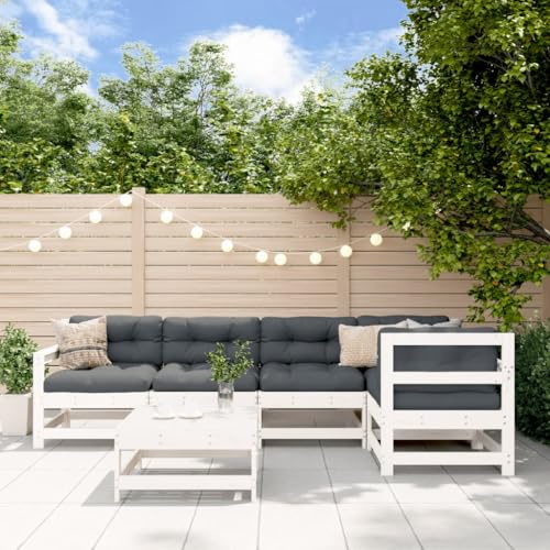 GeenYuu Salon de Jardin 6 pcs Blanc en Bois de pin Massif mobilier extérieur modulable pour terrasse Balcon Patio avec canapé Angle Banquette Table Basse pour Repas réception détente