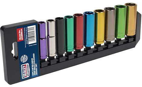 Sealey Multi-Coloured Socket Set, 10pc, 3/8Sq Drive, Deep, WallDrive® - AK285