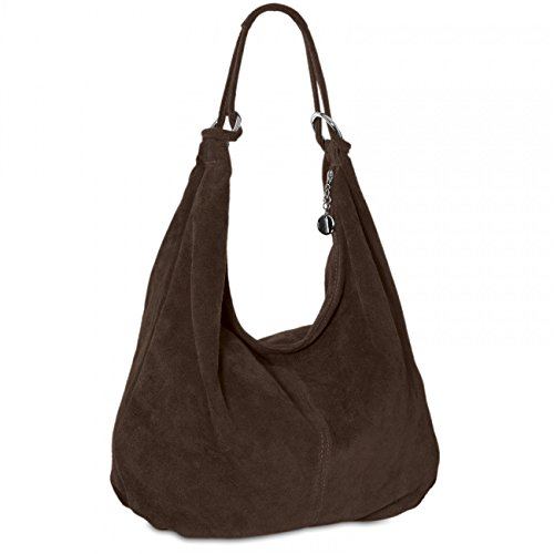 Caspar Große Damen Vintage Veloursleder Tasche Samtweiche Schultertasche aus Leder - CLASSIC LINE - Modell No.617 - Made in Italy, Farbe:dunkelbraun