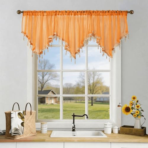 WUBODTI Beaded Sheer Curtain Valances for Kitchen Windows, Triangle Sheer Voile Swag Valance Curtains Boho Bead Tassels Window Valances for Bedroom Bathroom Living Room,3PCs, Each W51 x L24, Orange