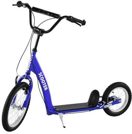Aosom Youth Scooter Kick Scooter for Kids 5+ with Adjustable Handlebar 16 Front and 12 Rear Dual Brakes Inflatable Wheels, Blue