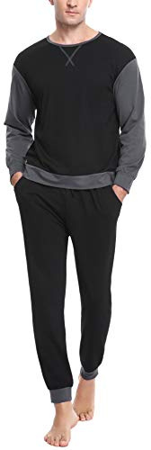 Sykooria Pijama Hombre Algodón Conjunto de Pijama de Manga Larga Ropa de Dormir 2 Piezas Conjunto de Pijama a Rayas y Pantalones Largos con Bolsillos S-3XL(Negro,L)